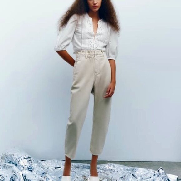 Zara Grey Paper-bag Baggy / Slouchy High Elastic Waist Jeans Size S - Picture 1 of 10